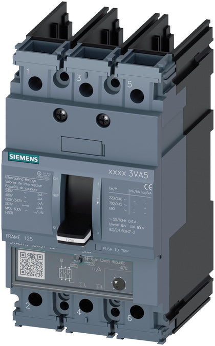 3VA5170-4EC31-0AA0 - Siemens 70A 600V 3-Pole Molded Case Circuit Breaker, 3VA5 Frame, Thermal Magnetic Trip, 25kA Interrupt, UL Listed - Essential Electric Supply