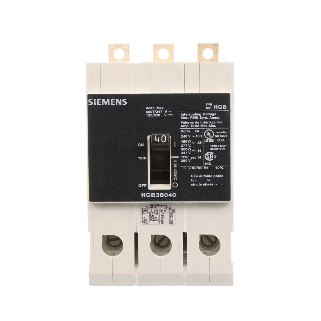 HGB3B040B - Siemens 40A 600V 3-Pole VL Frame Molded Case Circuit ...