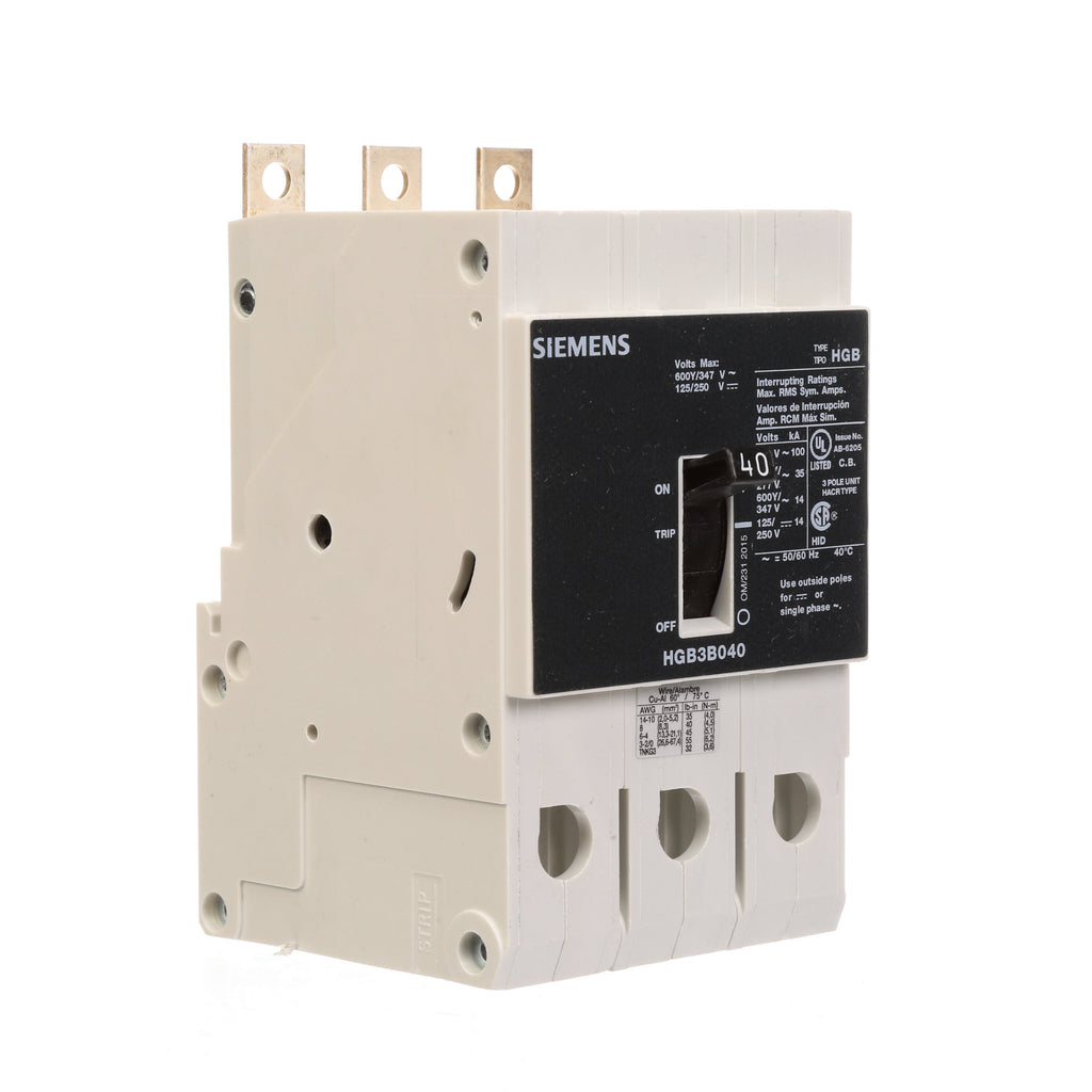HGB3B040B - Siemens 40A 600V 3-Pole VL Frame Molded Case Circuit ...