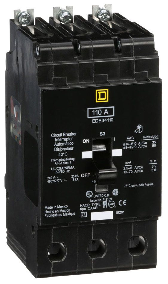 EDB34110 - Square D/ Schneider Electric Bolt-On 110 Amp 3 Pole Circuit Breaker - Essential Electric Supply