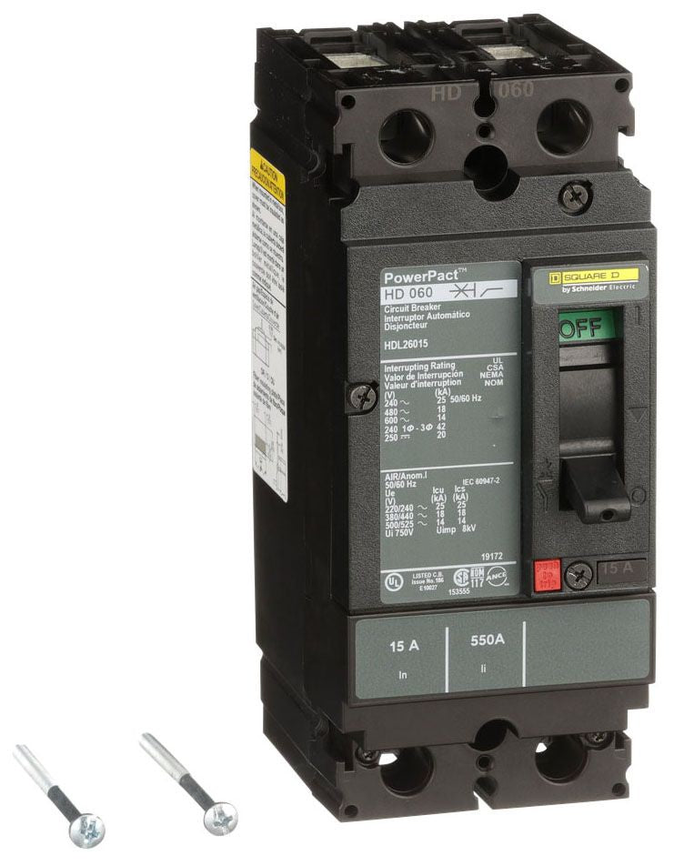 HDL26015 - Square D/ Schneider Electric Feed-Thru 15 Amp 2 Pole Circuit Breaker - Essential Electric Supply