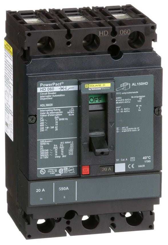 HDL36020 - Square D/ Schneider Electric Feed-Thru 20 Amp 3 Pole Circuit Breaker - Essential Electric Supply