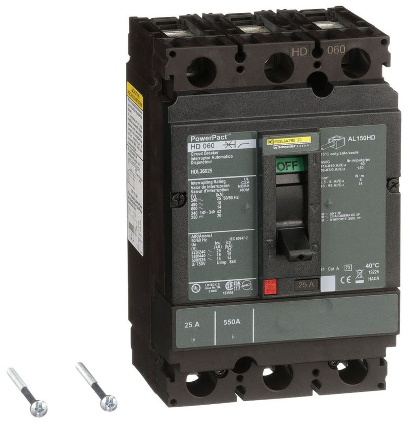 HDL36025 - Square D/ Schneider Electric Feed-Thru 25 Amp 3 Pole Circuit Breaker - Essential Electric Supply