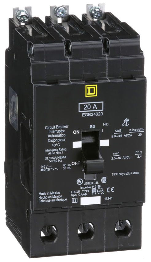 EGB34020 - Schneider Electric/ Square D Bolt-On 20 Amp 3 Pole Circuit Breaker - Essential Electric Supply
