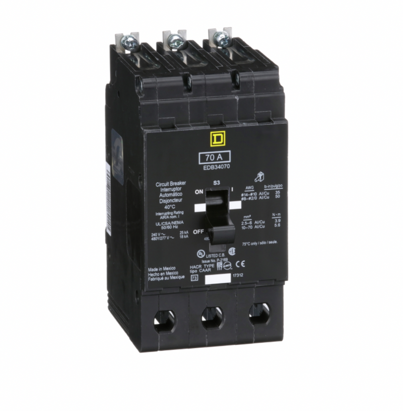 EDB34070 - Schneider Electric/ Square D Bolt-On 70 Amp 3 Pole Circuit Breaker - Essential Electric Supply
