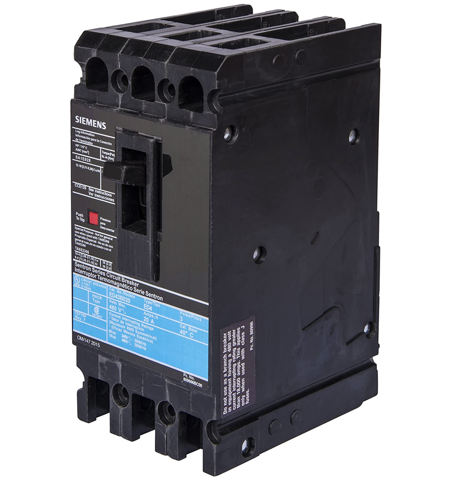 Siemens ED43B040 40A 3-Pole Circuit Breaker 480V Thermal Magnetic ...